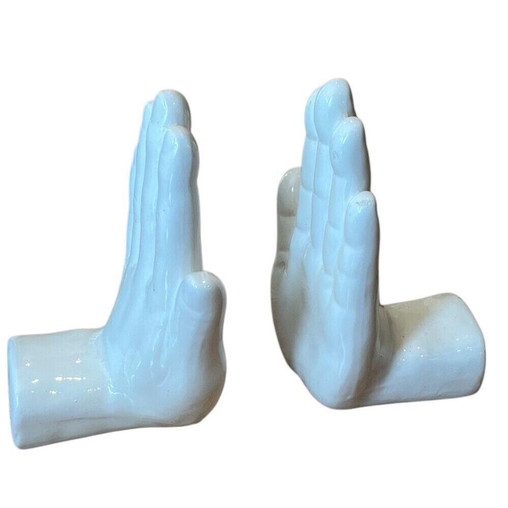 White Ceramic Hands Book Ends VTG 6.25” Weighted W/ Sand MCM